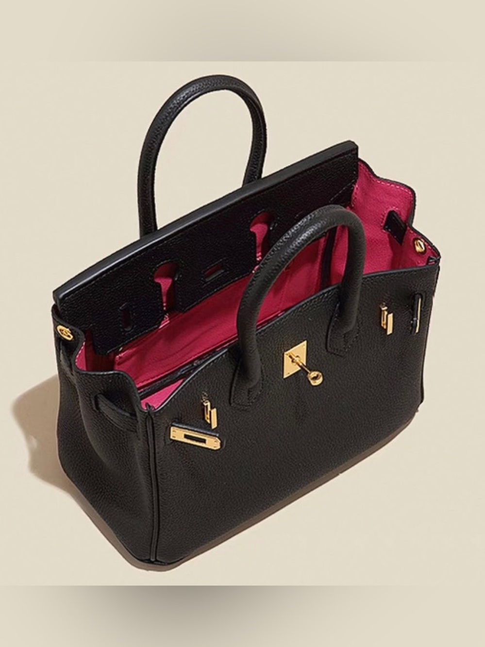 Avona Pinkside Tokio Onyx M Black Leather B30 Top Handle Satchel Pink Interior